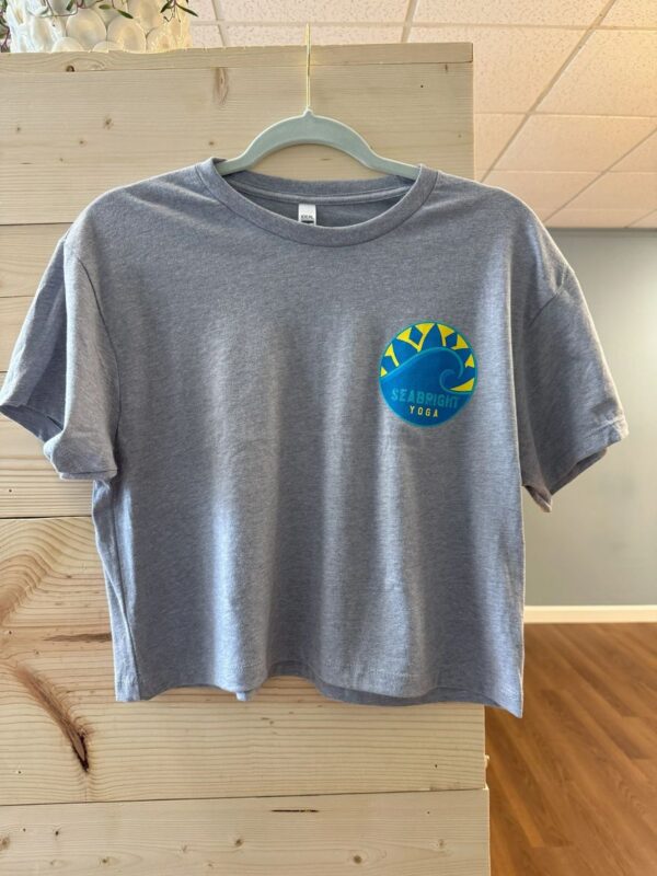 A gray t-shirt with a sun and moon on it.