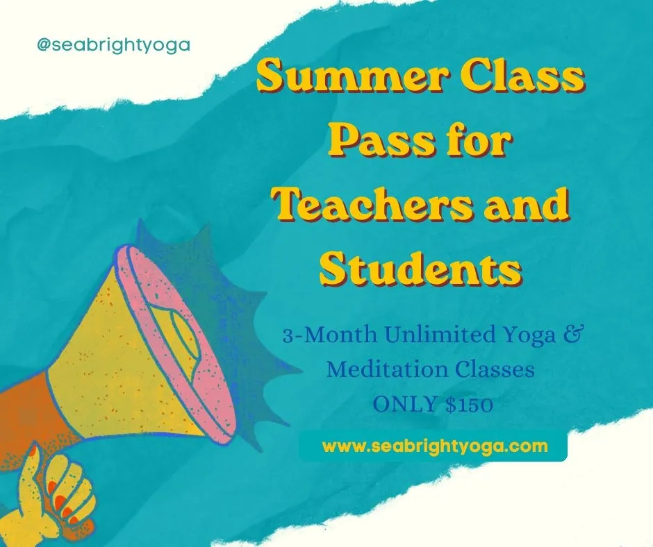 Yoga class pass advertisement with megaphone illustration.